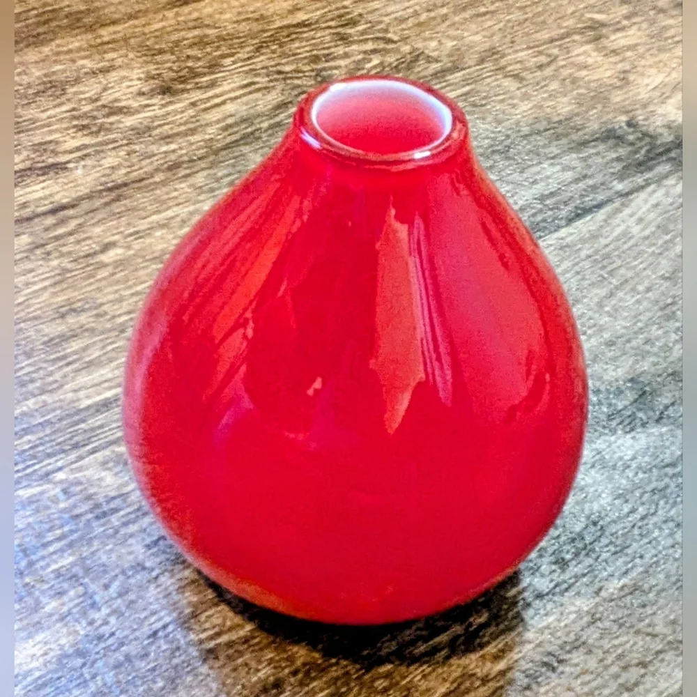 Crate & Barrel Lucy Cherry Red White Poland Cased Hand Blown Glossy Glass Vase.